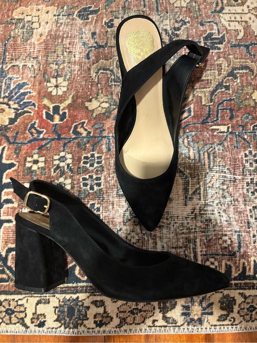 Classic Black Suede Slingback Block Heel Pumps